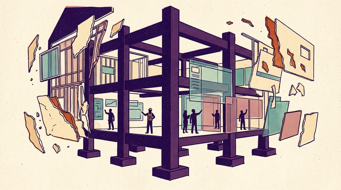 Cross-section of a building with solid purple structural columns standing firm while interior wall panels break apart and float away, replaced by thin translucent new surfaces, rendered in heavy halftone risograph print style.